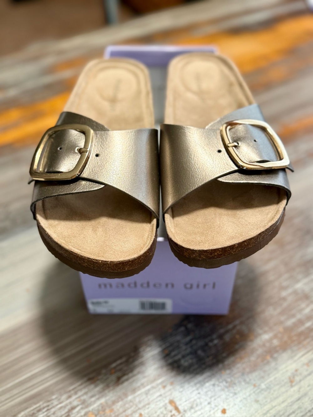 Madden Girl Metallic Bronze Buckle Slide Footbed Sandals with Gold Buckles